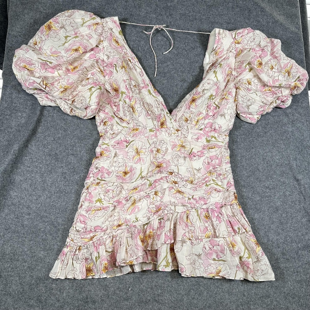 SAU LEE Dress Womens 14 Pink Floral Ruched Puff Sleeve Ruffle Hem V Neck Mini